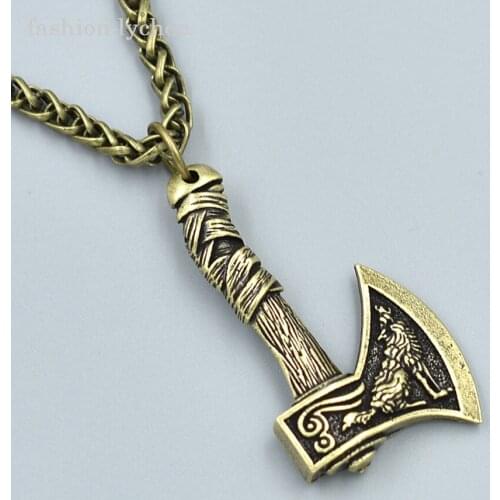 Fashion lychee Vintage Silver Bronze Color Axe Amulet Pendant Necklace Norse Wolf Crow Animal Charm Necklace Jewelry