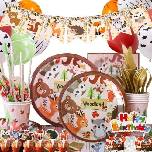 Cartoon Forest Animals Child Happy Birthday Disposable Party Tableware Supplies Baby Show Red Fox Squirrel Deer Owl