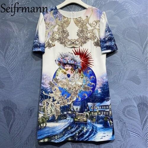 Seifrmann New 2021 Summer Women Fashion Designer Mini Dress Short Sleeve Gorgeous Crystal Beading Ladies A-Line Dresses Vestidos