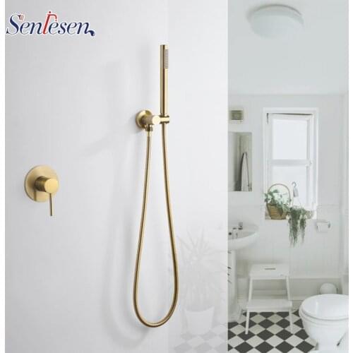 Senlesen Bathroom Brushed gold Shower Set Full Copper Hot and Cold Dark Wall Mounted Simple Shower Set Embedded Nordic Brass