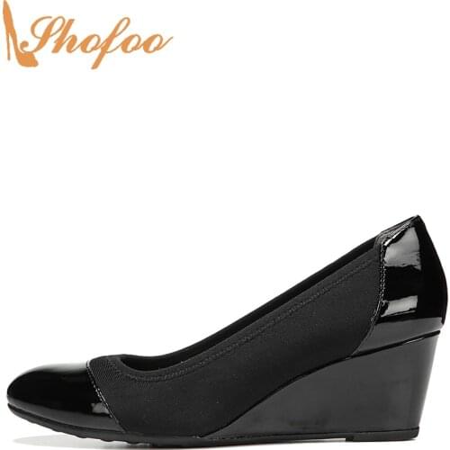 Black Pumps High Wedge Heels Women Round Toe Slip On Patent Leather Large Size 13 15 Ladies Fashion Office Mature Shoes Shofoo