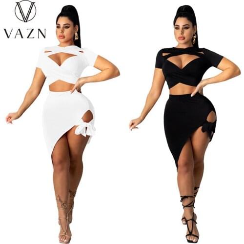 VAZN 2021 Summer Short Sleeve O-neck Solid Sexy Hollow Out Beach Suits 2 Piece Set Women Top And Pant