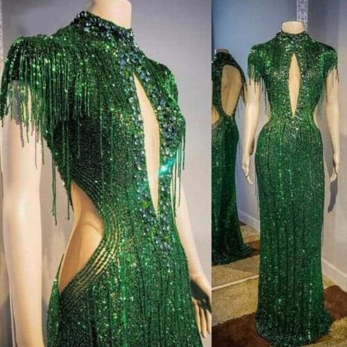 Gorgeous Formal Dress abiye Custom Made Crystal Evening Gowns Beaded Robe De Soiree Modest Formal Gown Green Vestido Longo