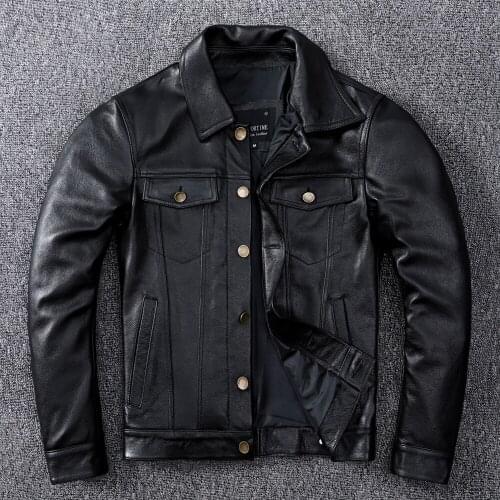 Spring Denim Genuine Leather Jacket Classic Slim Cowhide Button Coat Plus Size 5XL Mens Fashion Leather Clothing