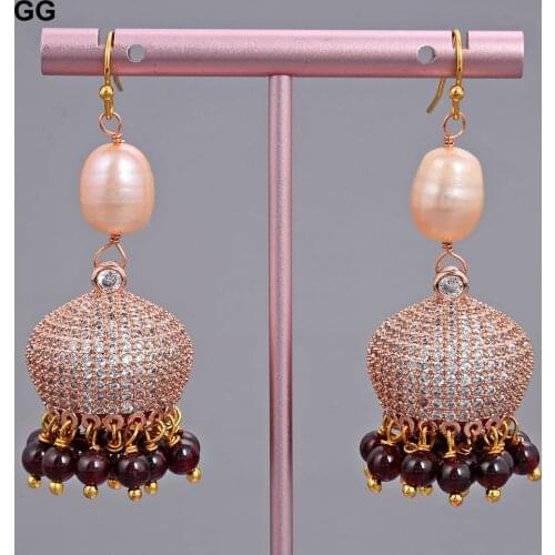 GuaiGuai Jewelry 2.1" Natural Pink Baroque Keshi Pearl Real Garnet Earrings CZ Fitting For Women