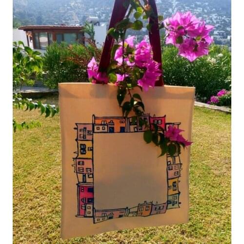 Womens Tote bag organic reusable cotton shoulder beach bag handmade beach gabardine foldable eko seamy block print