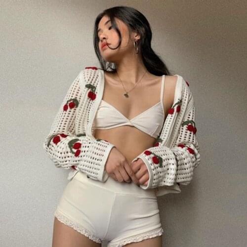 Hollow sweetV Neck Knitted Jacket Long Sleeve Women Spring AutumnCropped Cardigan Slim Short Sweater Women 2021New topClothing