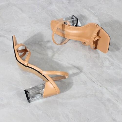 Womens high heel sandals 2021 summer new thin strap flip flops back strap sandals crystal square heel fashion khaki 8.5CM