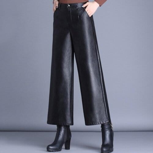 Faux PU Leather Wide Leg Pants 2020 Autumn Winter Warm Streetwear High Waist Work Office Ladies Loose Trousers Female Plus Size