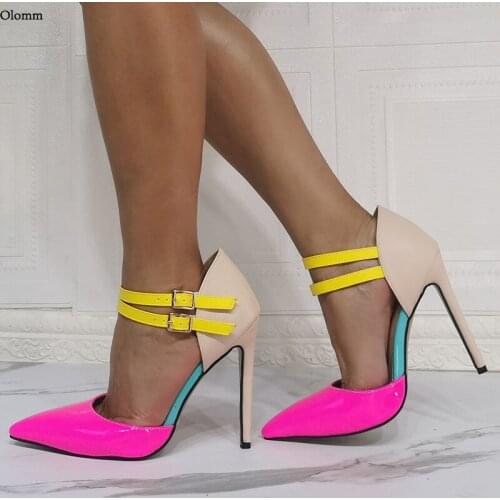 Olomm 2021 Handmade Women Pumps Buckle Ankle Strap Sexy Stiletto Heels Pointed Toe 9 Colors Party Prom Shoes Women US Size 5-15