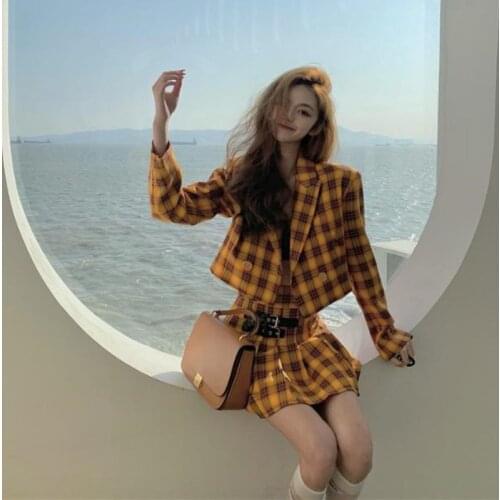2021 Korean Fashion Elegant 2 Piece Set Women Plaid Long Sleeve Vintage Double Breasted Blazer Slim A-line Mini Skirts Suits