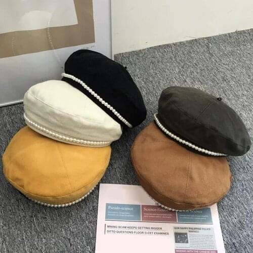 Women Fashion British Retro Beret Hat Faux Pearl Autumn Winter Beanie Caps Cotton Black Beige Warm Outdoor Ski Cap All-Match Hat