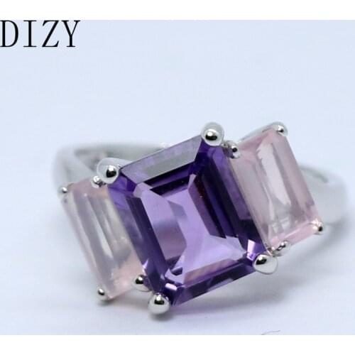 DIZY 3 Stones Octagon Purple Amethyst and Rose Quartz Ring 925 Sterling Silver Ring for Women Romantic Gift Engagement Jewelry