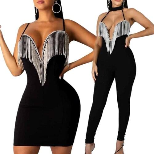 2020 Summer Women Sexy Short Dress Sequin Tassel V-neck Bodycon Party Club Dress Fashion Mini Short Dresses Black