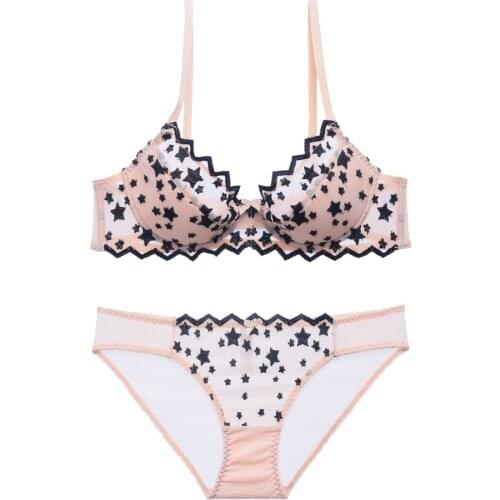 Star embroidery ultrathin cotton cup women fashion sexy lingerie suits grenadine princess dress bra and panty girls underwear