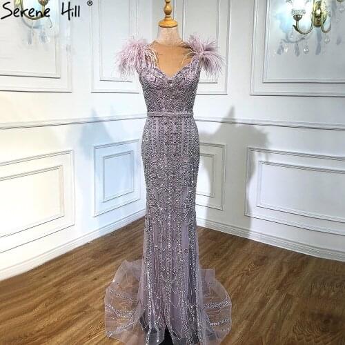 Serene Hill Lilac V-Neck Luxury Mermaid Lady Evening Gowns 2021 Feathers Beading Sexy Prom Dresses For Women DLA70830