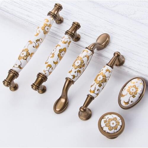 Gold Flower Ceramic Kitchen Cupboard Handles Antique Furniture Handles Drawer Pulls Bathroom Cabinet Knobs and Handles