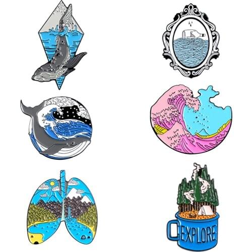 6 styles enamel pin Grey whale Earth lung forest Explore badge brooch Pink wave Mirror Shirt bag lapel pin jewelry women gift