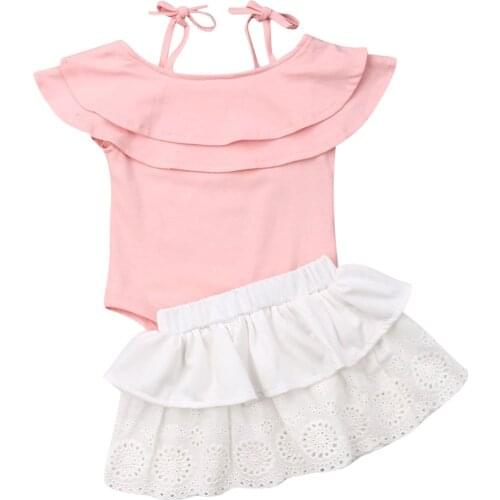 Kids Baby Girl Off Shoulder Romper Tops+ Tutu Skirt Outfit 2PCS Clothes Off Shoulder Romper Tops+ Tutu Skirt Outfit