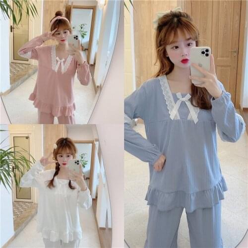 Home service two-piece suit womens sleepwear sweet lace long-sleeve cotton pajamas loose simple bathrobe pijama mujer new