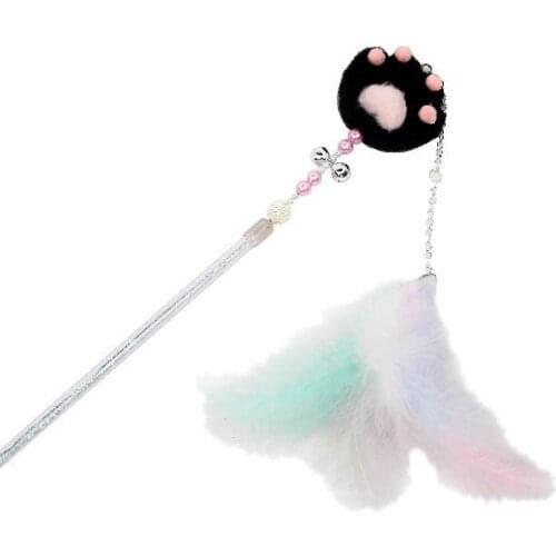 Faux Feather Cat Teaser Wand Pom Fairy Bell Kitten Teaser Toy Cat Interactive Toy Plastic Kitten Tassel Stick Pet Supplies