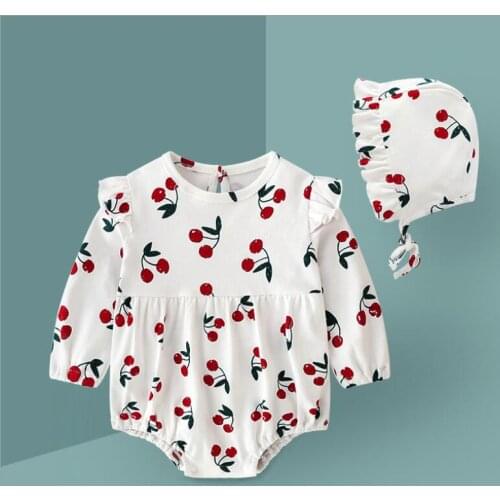 Soft breathable newborn baby girls dress autumn full cherry printing long sleeve jumpsuit for girls costumes clothes toddler
