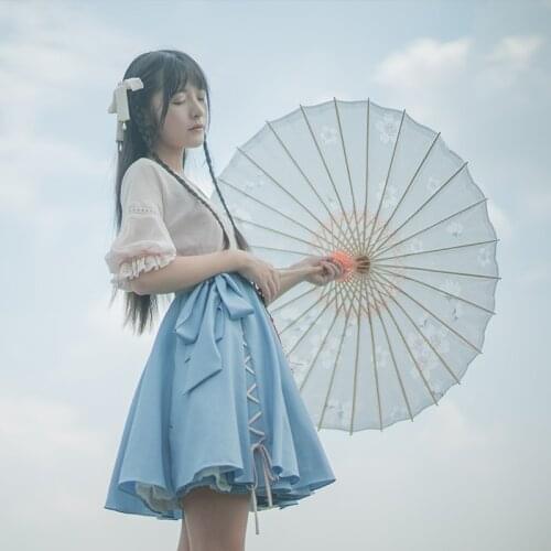 "Drizzle" Chinese Style Mori Girl 2pcs Set Hanfu Dress Pink Blue Cross Tie Chiffon Dress & Suspender Vest Elegant