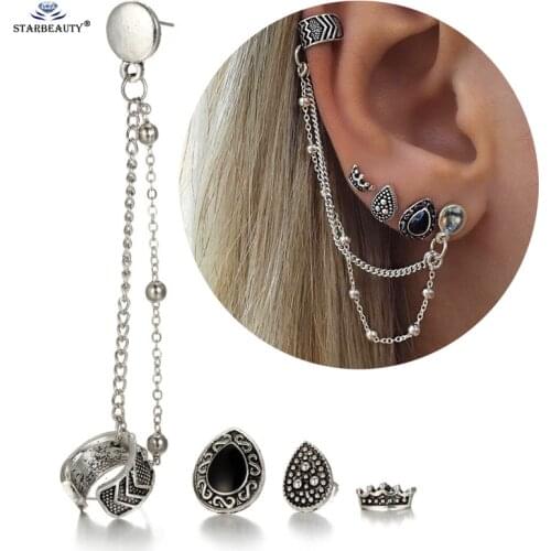 4 pcs/lot Royal Crown Bijoux Heart Long Chain Tassel Earrring Ear Cuff Earrings Set Ear Piercing Helix Piercing Women Jewelry
