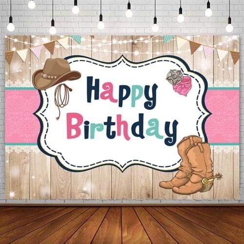 Cowboy Backdrops Boy Girl Happy Birthday Leather Boots Hat Pink Banner Plank Photography Background Photo Studio Photozone Decor