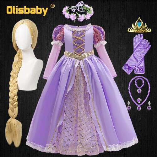 Toddler Rapunzel Dress Tangled Halloween Carnival Party Girl Princess Costume New Year Long Sleeve Sequined Lace Vintage Dresses