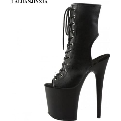 LAIJIANJINXIA New 20cm Super High Heels Wmen Boots Fish Mouth Lace-up Short Boots Matte Leather Waterproof Platform Dance Shoes