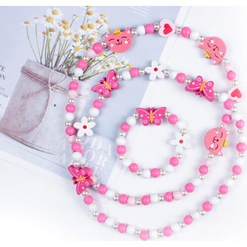 3Pcs/Lot Cute Cartoon Wooden Flower Animal Childrens Sweater Necklace Bracelet For Girls Gifts Children Jewelry Accessories