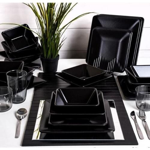 Siera Luxury 2021 Matte Black Square Dinner Set 24 Pieces for 6 People Earthenware Dinnerware Plates Services Bowl Cake 6 Plates