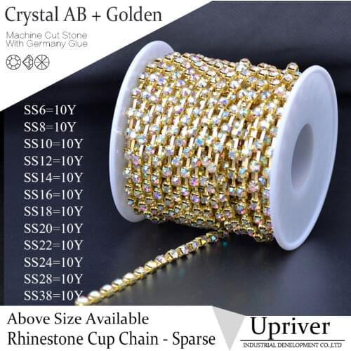 Upriver Golden Base Sparse Claw 10yards/roll Bright Stones SS16 Crystal AB Rhinestone Cup Chain For Necklace accessories