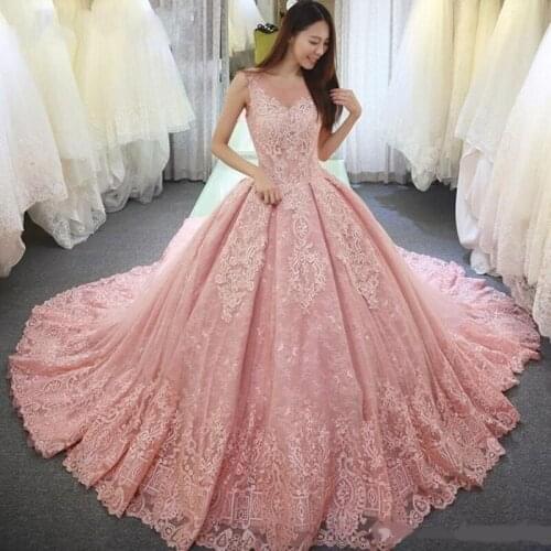 Luxurious Pink Ball Gown Quinceanera Dresses Appliques Lace Sweet 16 Dress Scoop Neck Vestido De Festa Long Tulle Formal Prom Dr
