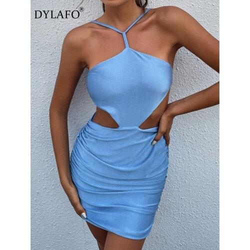 Sexy Backless Halter Sexy Cut-Out Women Mini Dresses Bodycon Club Fashion Sleeveless Light Blue Dress Holiday Clothes