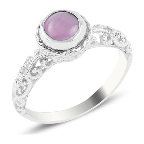 Silver 925 Sterling Pink Cat Eye Engagement Ring