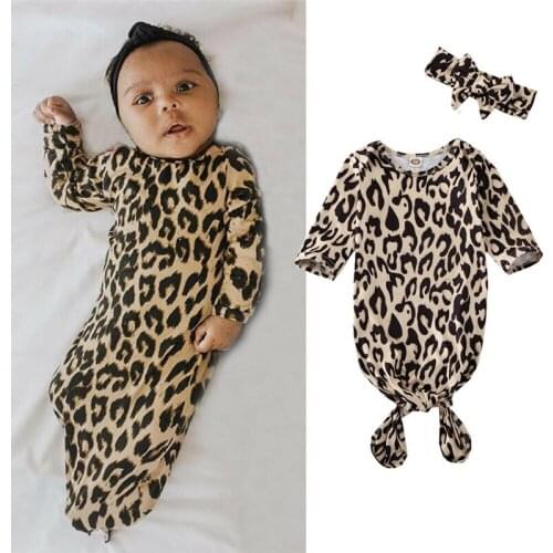 Baby Sleeping Bags Newborn Baby Cotton Leopard Swaddle Blanket Wrap Sleeping Bag + Headband 2pcs Size 0-6M