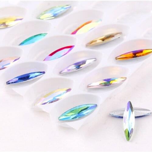 Glass crystal 4*15mm slim Navette shape AB colors point back Glue on rhinestone beads applique diy trimming