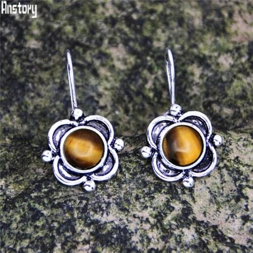 Vintage Flower Natural Tiger Eye Earrings For Women Real Silver Plated Natural Stone Quartz Amethysts Pendant Fashion Earring