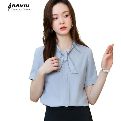 Shirt Women Bow Design 2021 Summer New Fashion Business Formal Temperament Short Sleeve Blouses Office Ladies Work Tops