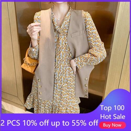 2 pieces sets for women floral printed chiffon dress +vest female autumn midi dresses 673