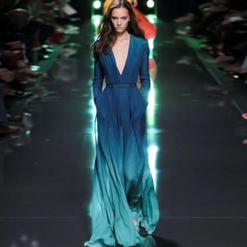 Runway Spring Autumn New Womens Long Dress High Quality Party Vintage Fashion Sexy V-neck Long Sleeve Blue Chiffon Dress
