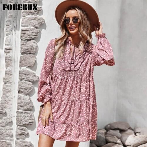 FORERUN Fall Floral Dresses Women Boho V Neck Flare Long Sleeve Ruffle Elegant Midi Dresses Robe Femme Festival Clothing