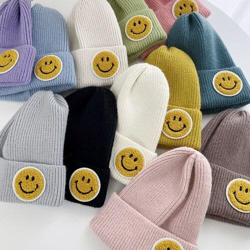 Winter Women Ladies Cute Casual Smile Patch Knit hat Skullies Thick warm Beanie cap Bonnet Homme Gorras