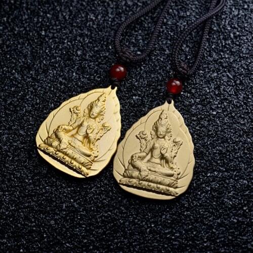 1pcs Metal Gold Plated Water drop Shape Mascot Green Tara Religious Necklace Amulet Buddha Necklace
