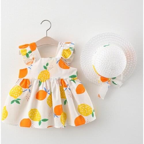 2021 Summer Baby Girls Dresses for Baby Casual Beach Bow Print Sundress Newborn Clothes Infant Princess Dress + Hat Outfits
