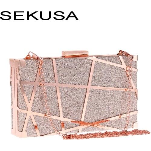 SEKUSA Hollow out metal day clutches sequined shoulder chain handbags metal luxury laides crossbody purse