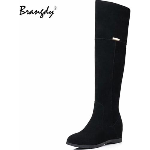 Brangdy Fashion Woman Over The Knee Boots Genuine Leather Round Toe Women Wedges Shoes Zipper Women Winter Boots With Warm Fur