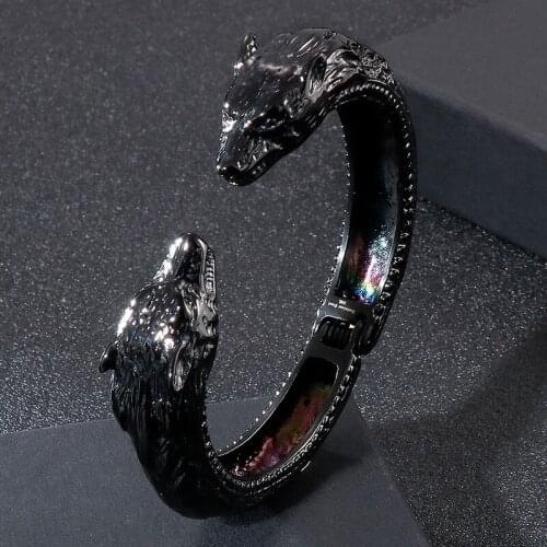 Stainless Steel Jewelry Titanium Steel Black Wolf Head Open Bracelet Punk Mens Bracelet